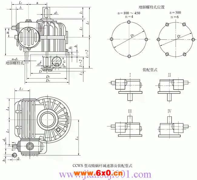 CCWS100型低速级蜗杆在蜗轮之侧的双级蜗杆减速器的装配形式与主要尺寸（JB/T7008-1993）