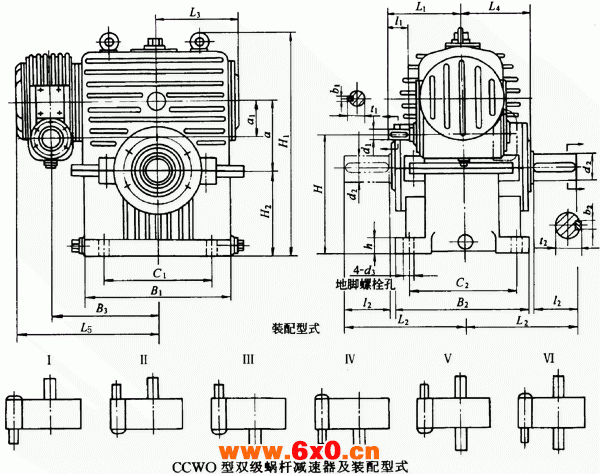 CCWO型低速级蜗杆在蜗轮之上的双级蜗杆减速器的装配形式与主要尺寸（JB/T7008-1993）