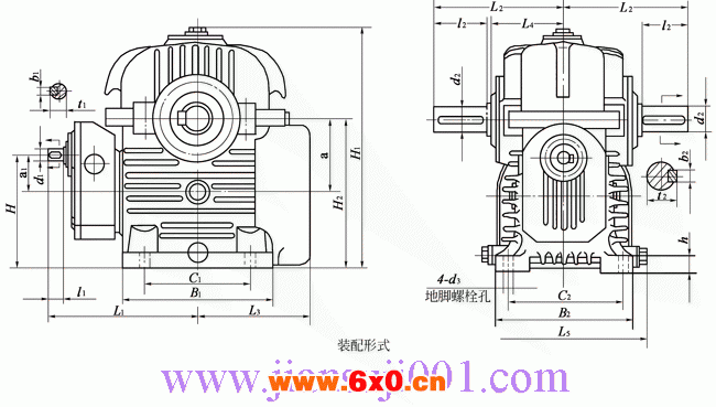 GCWU型低速级蜗杆在蜗轮之下的齿轮-蜗杆减速器的装配形式与主要尺寸（JB/T7008-1993）