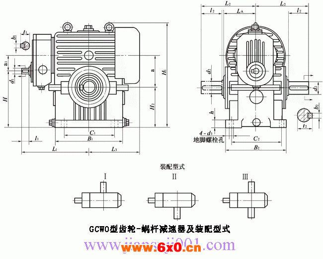 GCWO100、GCWO125、GCWO160、GCWO200、GCWO250、型低速级蜗杆在蜗轮之上的齿轮-蜗杆减速器的装配形式与主要尺寸（JB/T7008-1993）