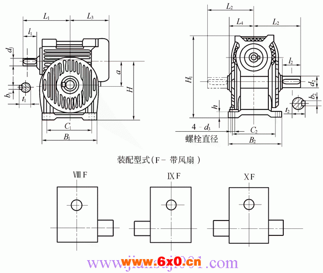 KWO型锥面包络圆柱蜗杆减速器的外形安装尺寸和装配型式