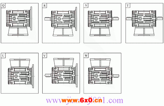 JRST系列多置式蜗杆减速机入力轴和输出法兰指向图
