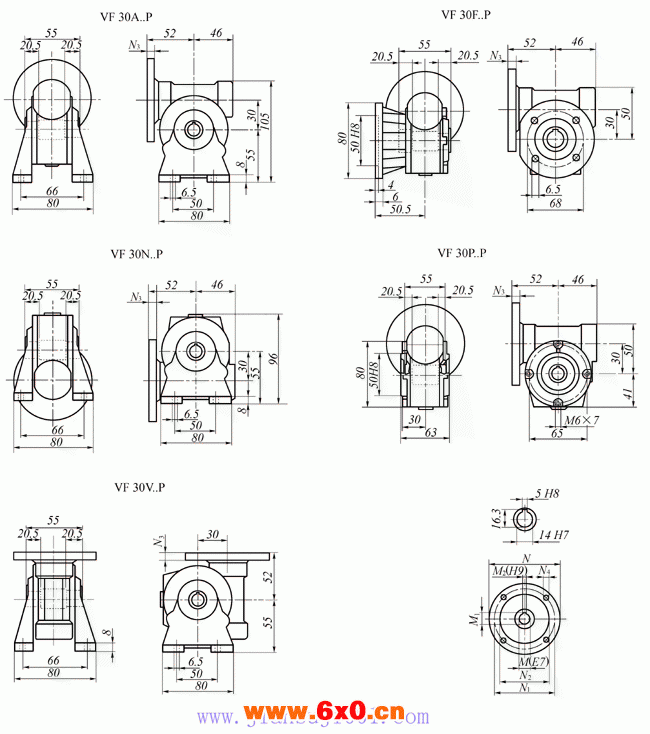 VF30..P系列蜗轮蜗杆减速机外形及安装尺寸
