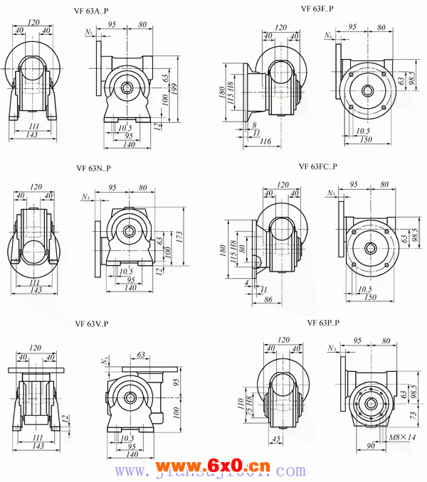 VF63..P系列蜗轮蜗杆减速机外形及安装尺寸