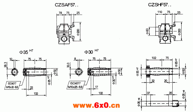 CZSF57..型斜齿轮蜗杆减速机的安装尺寸