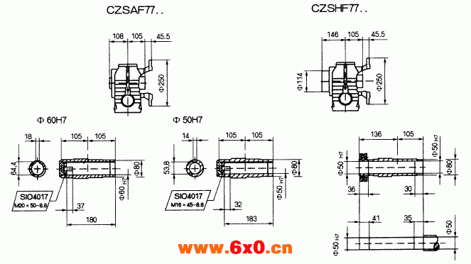 CZSF77..型斜齿轮蜗杆减速机的安装尺寸