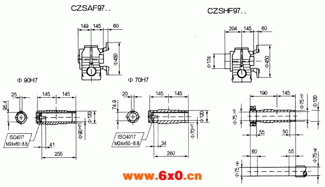 CZSF97..型斜齿轮蜗杆减速机的安装尺寸