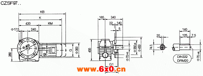 CZSF97..型斜齿轮蜗杆减速机的安装尺寸