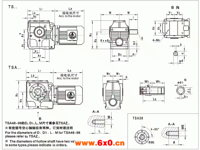 TS、TSA系列蜗轮蜗杆减速机外形安装尺寸