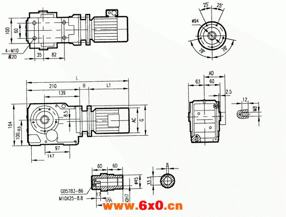 GKA37型斜齿轮弧齿锥齿轮减速电机安装结构图尺寸