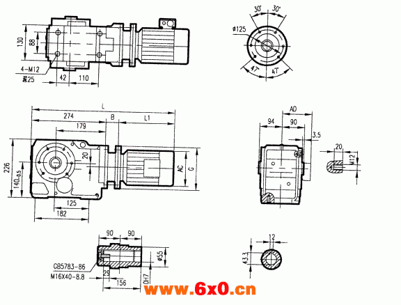 GKA67型斜齿轮弧齿锥齿轮减速电机安装结构图尺寸