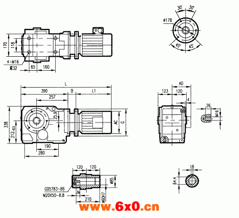 GKA87型斜齿轮弧齿锥齿轮减速电机安装结构图尺寸