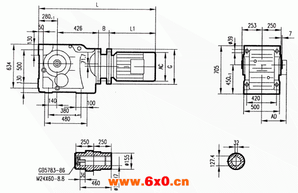 GKA157型斜齿轮弧齿锥齿轮减速电机安装结构图尺寸