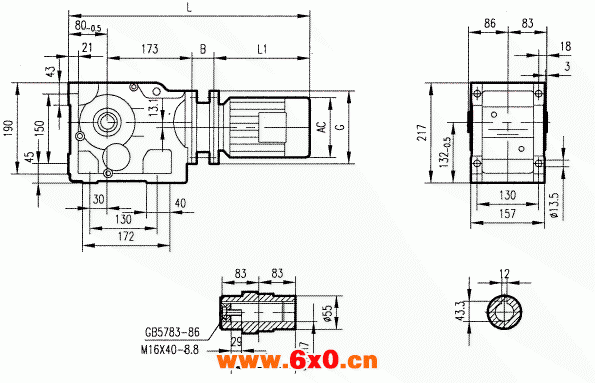 GKAB57型斜齿轮弧齿锥齿轮减速电机安装结构图尺寸