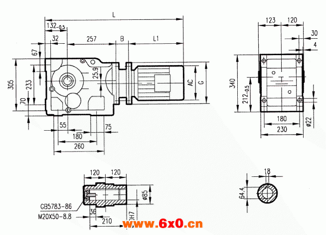 GKAB87型斜齿轮弧齿锥齿轮减速电机安装结构图尺寸