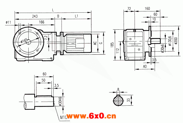 GKF47型斜齿轮弧齿锥齿轮减速电机安装结构图尺寸