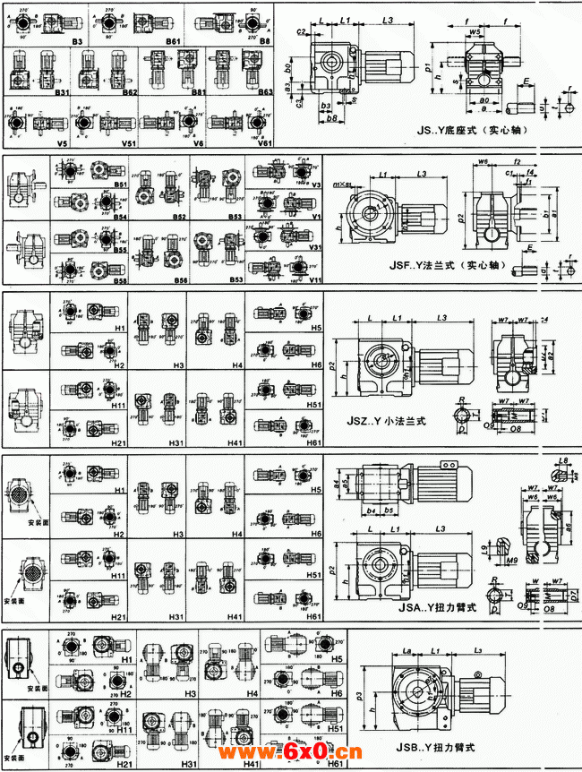 JS系列斜齿轮-蜗轮减速机安装方位和尺寸图表（JS37-JS97）