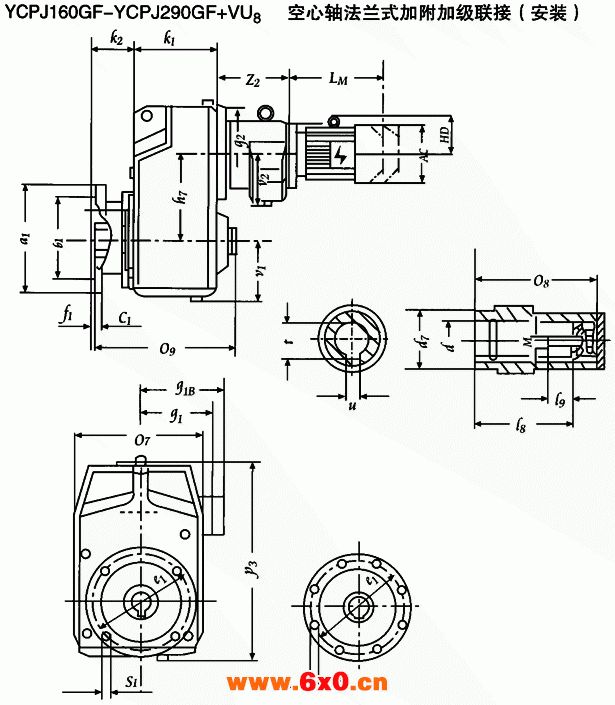 YCPJ160GF-YCPJ290GF+VU8  空心轴法兰式加附加级联接安装及外形尺寸 