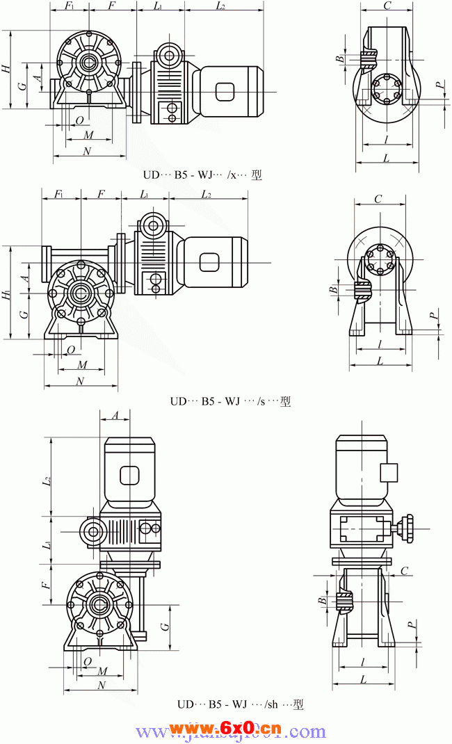 UD…B5-WJ…/x…型、UD…B5-WJ…/s…型、UD…B5-WJ…/sh…型基本型与蜗轮减速器组合外形安装尺寸