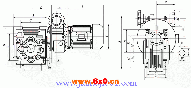 BWJ系列变速蜗杆减速器系列规格型号的外形及安装尺寸