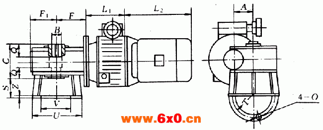 XB系列钢球无级变速器配一级蜗轮减速器外形及安装尺寸