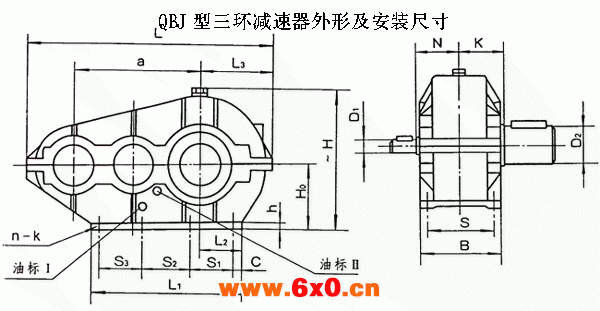 QBJ250、QBJ320、QBJ400、QBJ500、QBJ630型三环减速机外形及其安装尺寸