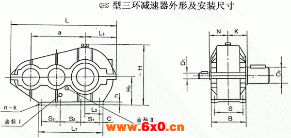 QSH250、QSH320、QSH400、QSH500、QSH630、型三环减速机型式与主要尺寸YB/T79-1995