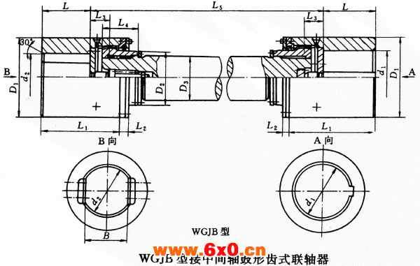 WGJ型接中间轴鼓形齿式联轴器外形及安装尺寸（JB/T8821-98）