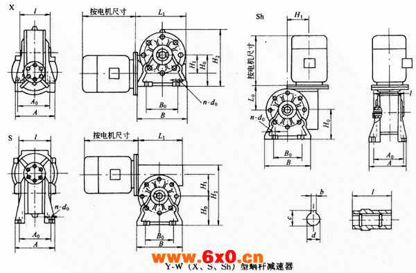 蜗杆减速器与无级变速器组合型MB-Y-W（X、S、Sh）型变减速器外型及主要尺寸