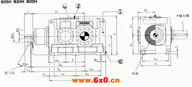 直交轴齿轮箱二级传动卧式安装（类型B2.H，B2.M）