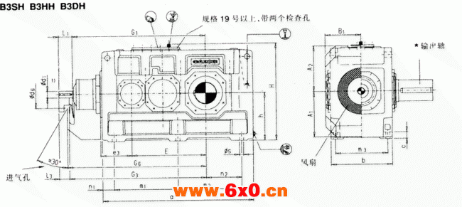 直交轴齿轮箱三级传动卧式安装（类型B3.H，B3.M）