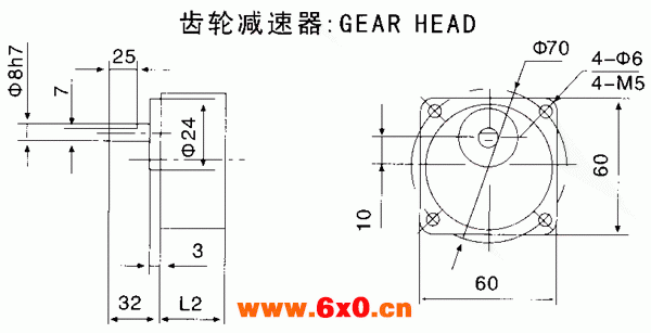 台湾YY、YN系列小型齿轮减速电机外形及安装尺寸（机座号60）