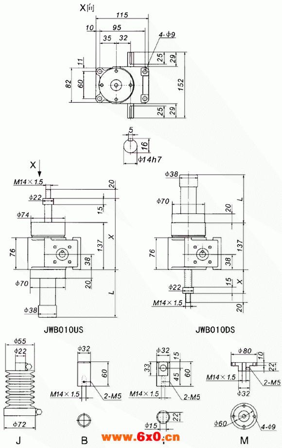 JWB010丝杠升降机外形尺寸表