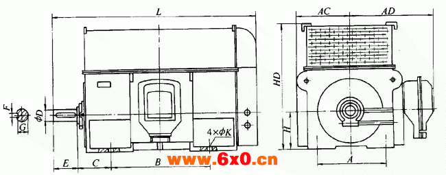 YFQF、YFSK、YFKK系列火电设备风机专用三相异步电动机外形及安装尺寸（6KV）