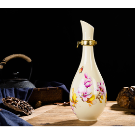 1斤酒瓶玉兰花装饰陶瓷摆件小酒壶具 家用酒瓶罐子空瓶